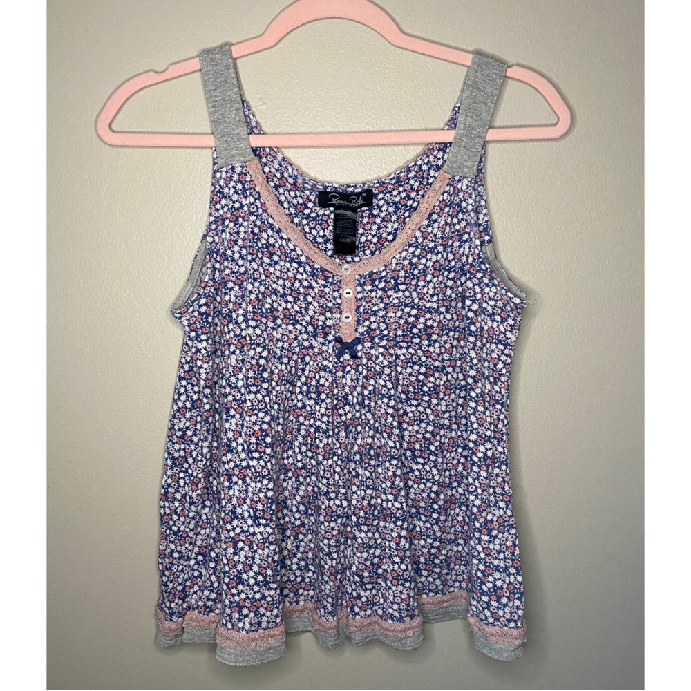 Vintage Y2K Shoujo Girl Dainty Blue Pink & Gray Floral Lace Trim Flowy Sleep Top